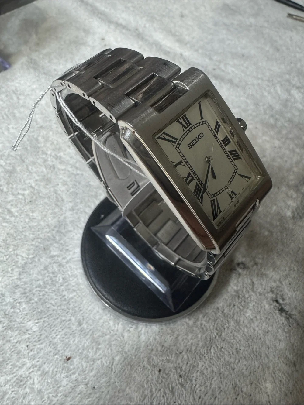Seiko Silver Stainless Steel Rectangular Men’s Watch with White Dial